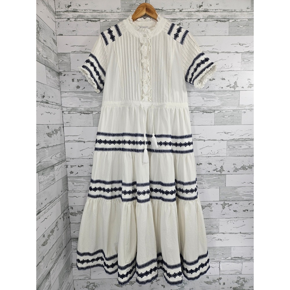 Ivy City Co Womens White Navy Blue Embroidered Cotton Tiered Midi Dress Size M